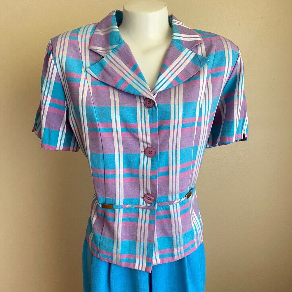 Vintage Sweet Suit Size 18 Purple Blue Plaid Blazer Top Short Sleeve 90s Flair